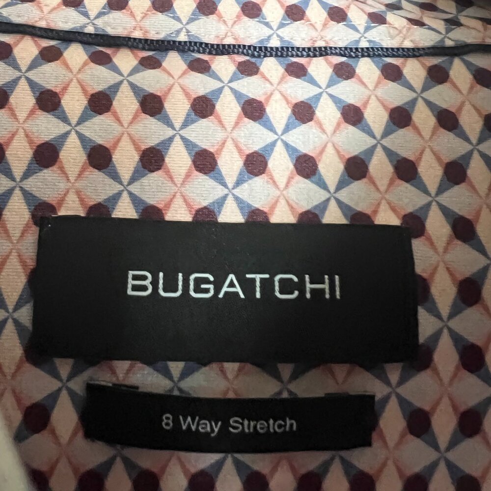 Bugatchi Men’s Geometric Button Down Shirt Pink Blue Pattern 8 Way Stretch